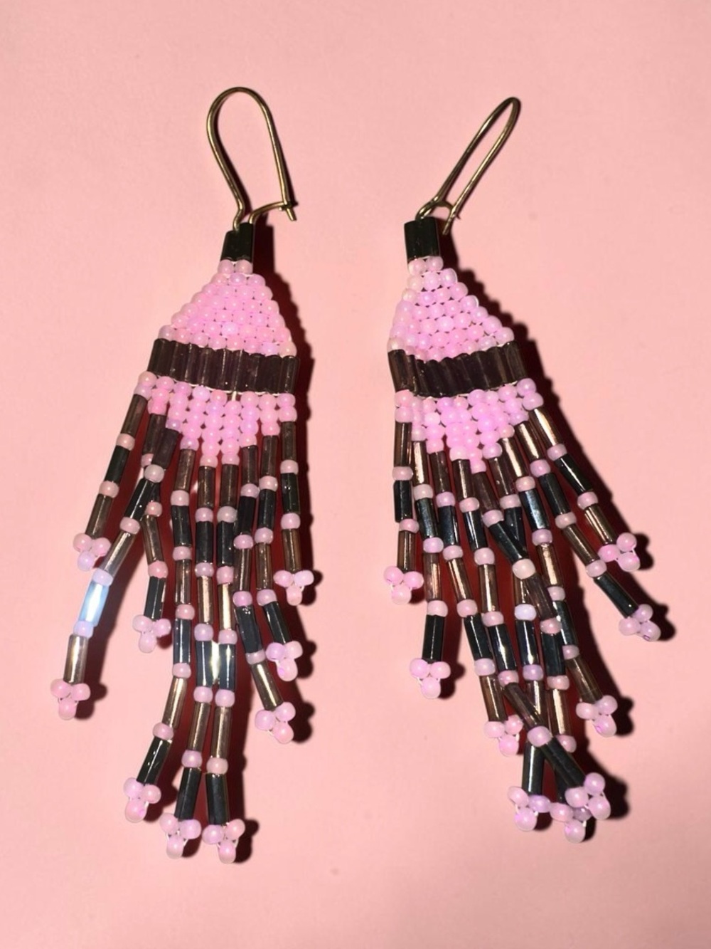 Vintage Handmade Pink Beaded Fringe Earrings